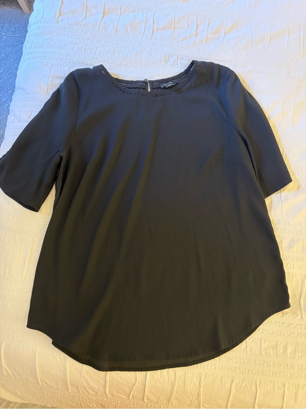 Ann Taylor Black Short-Sleeve Blouse with Beaded Neckline
